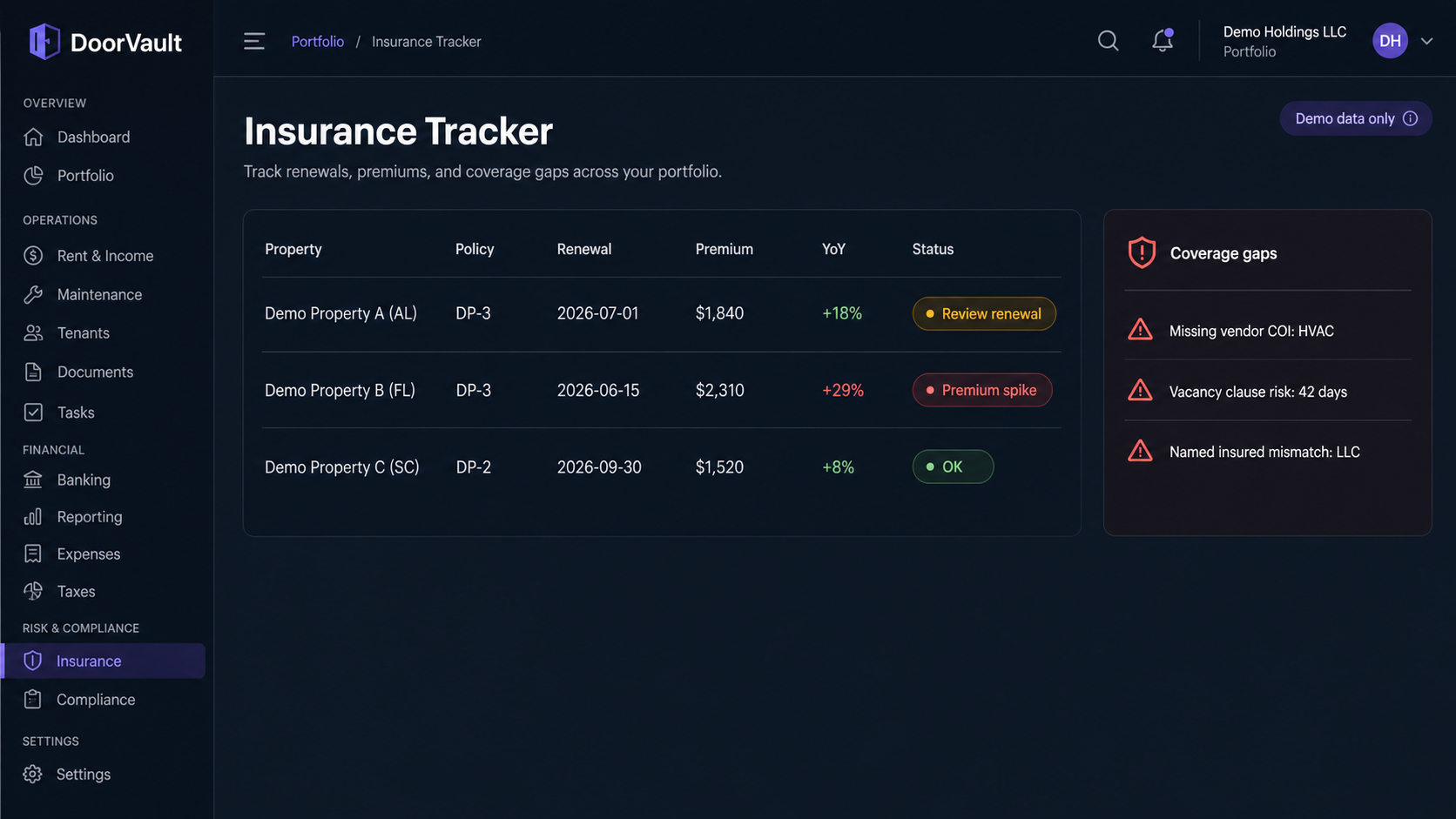 DoorVault insurance tracker mockup with dummy data