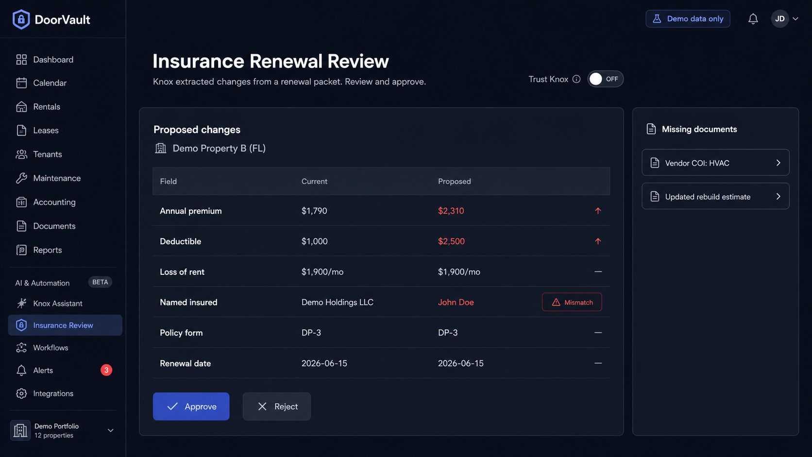 DoorVault insurance review queue mockup with dummy data