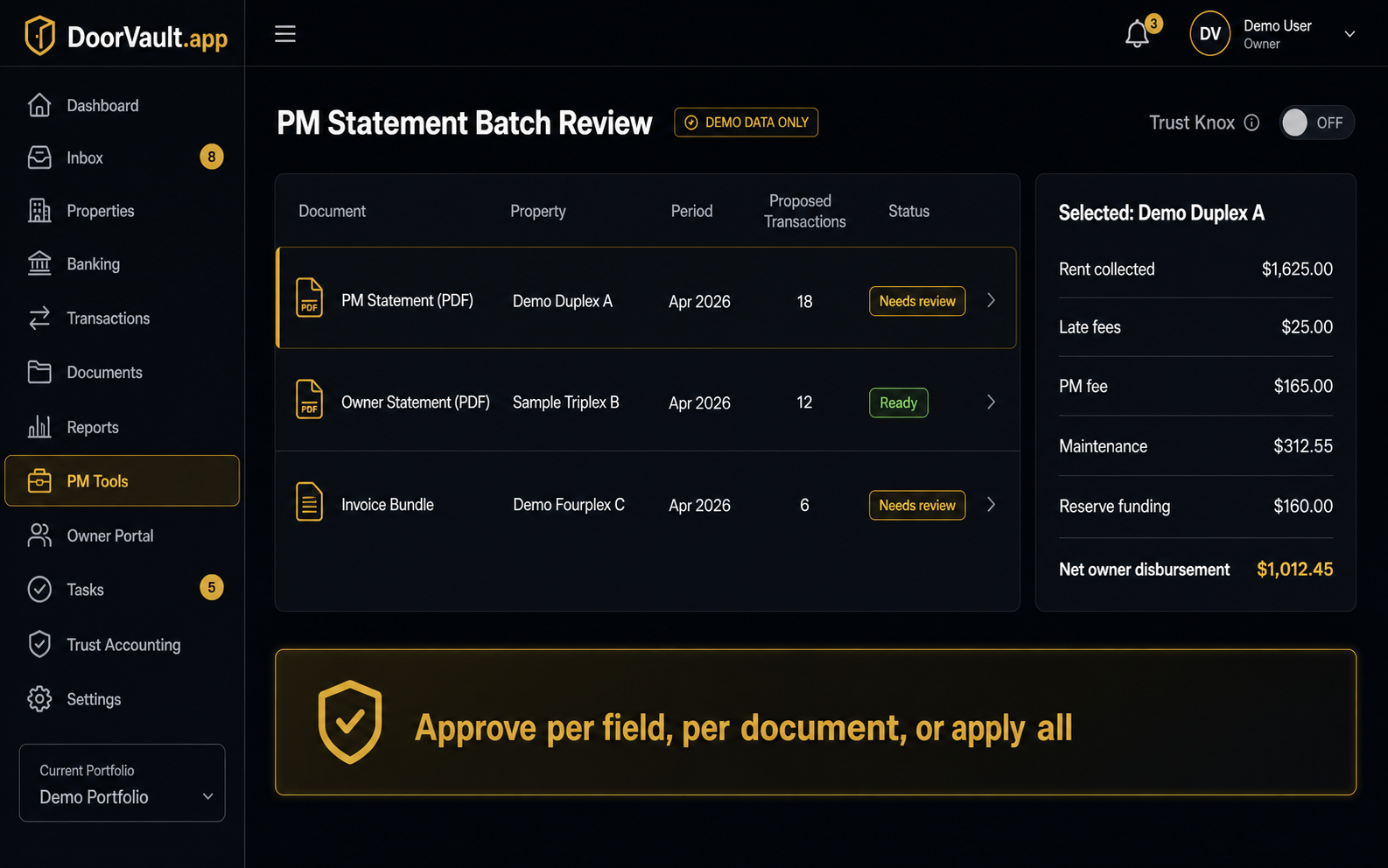 DoorVault PM statement batch review mockup with dummy data