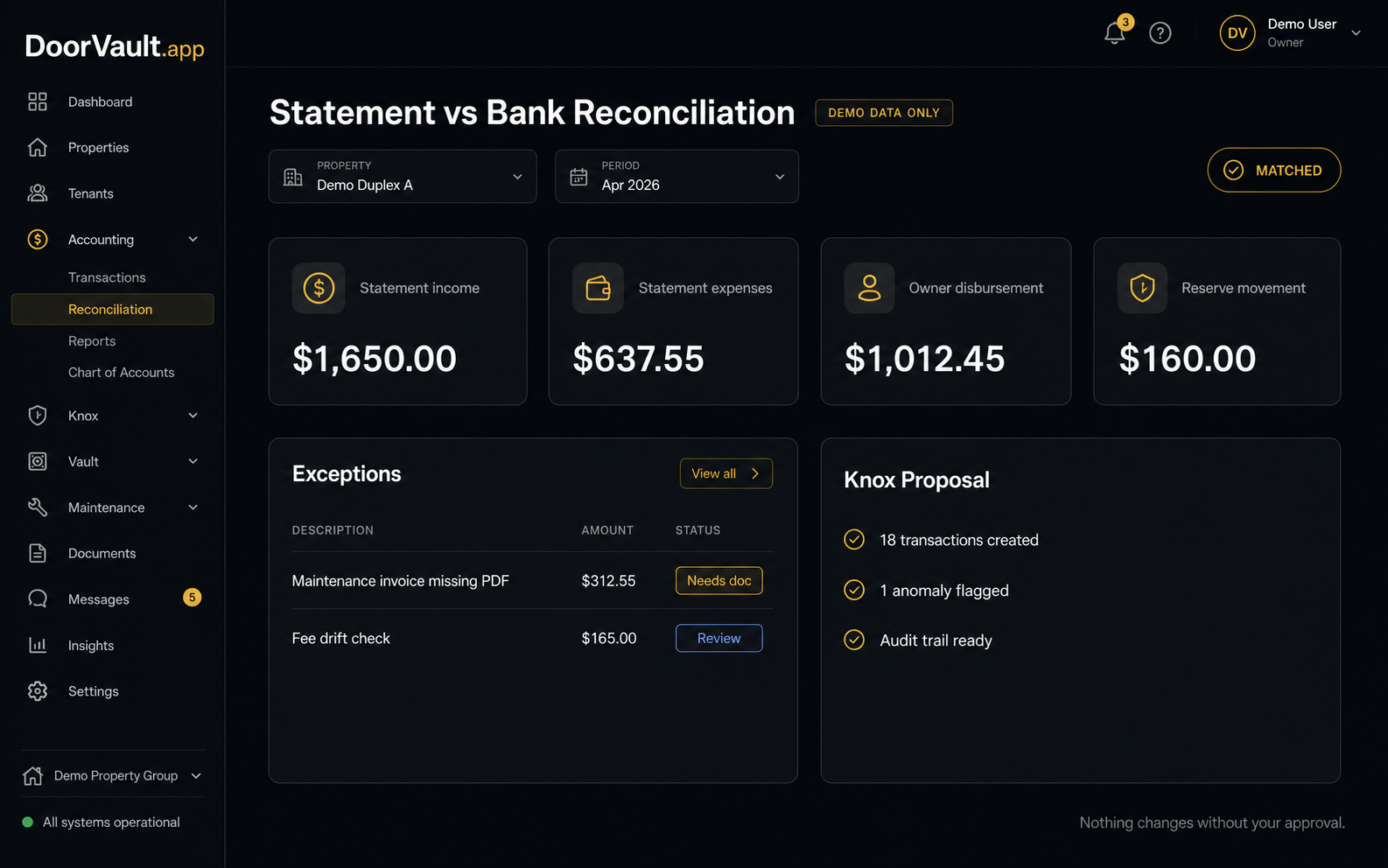 DoorVault statement vs bank reconciliation mockup with dummy data