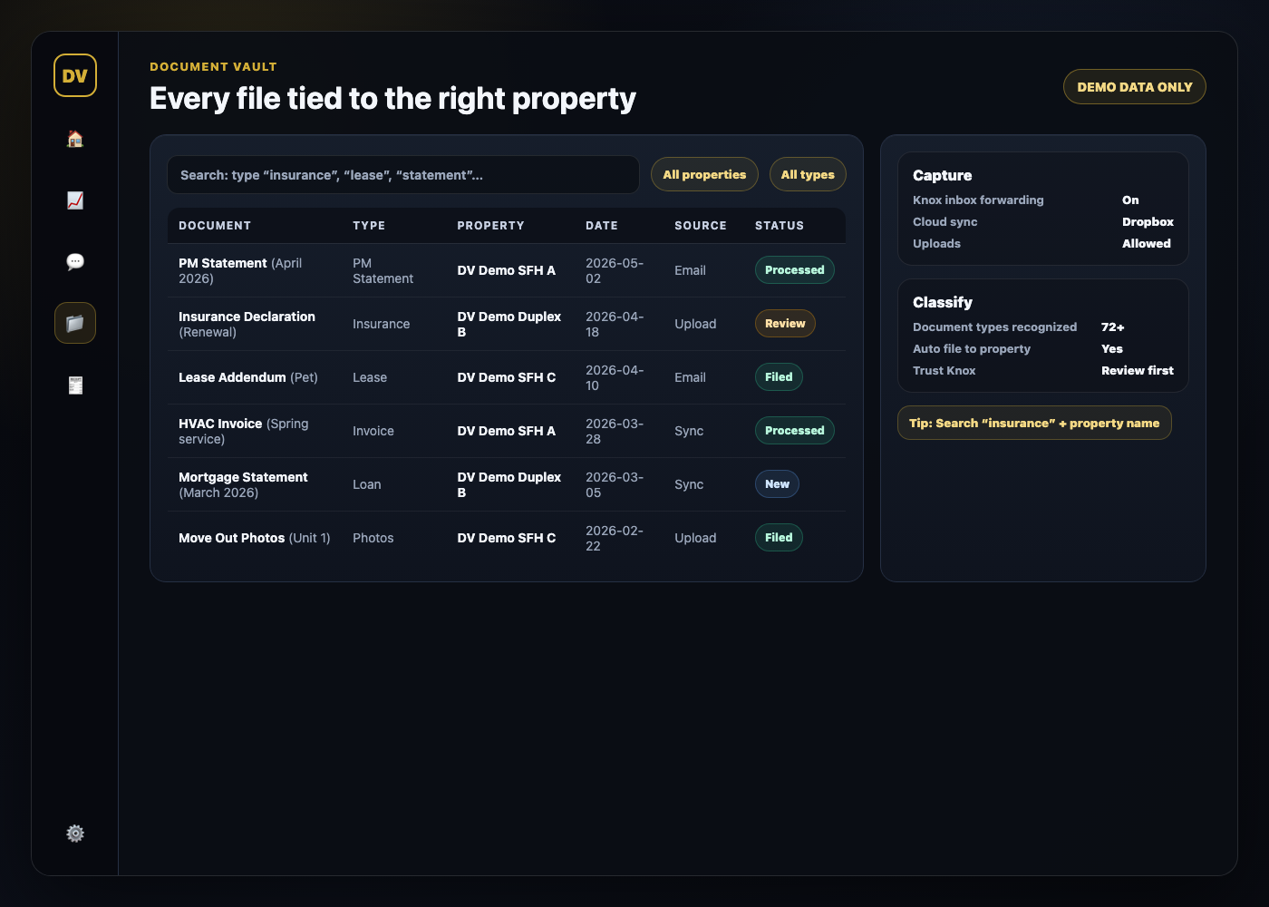 Document Vault mockup (demo data only)