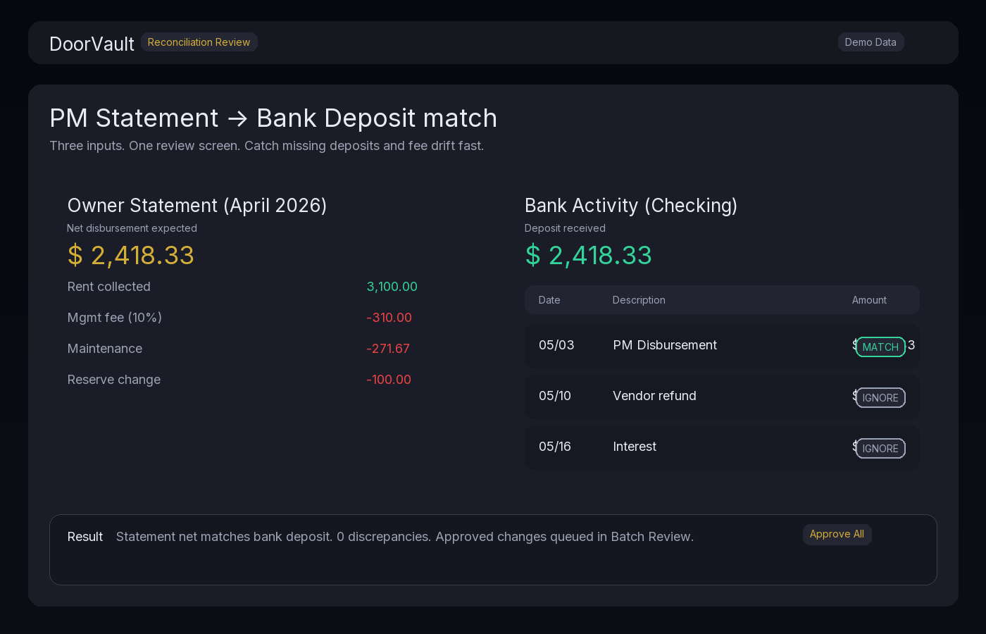 DoorVault mockup: PM statement to bank deposit match