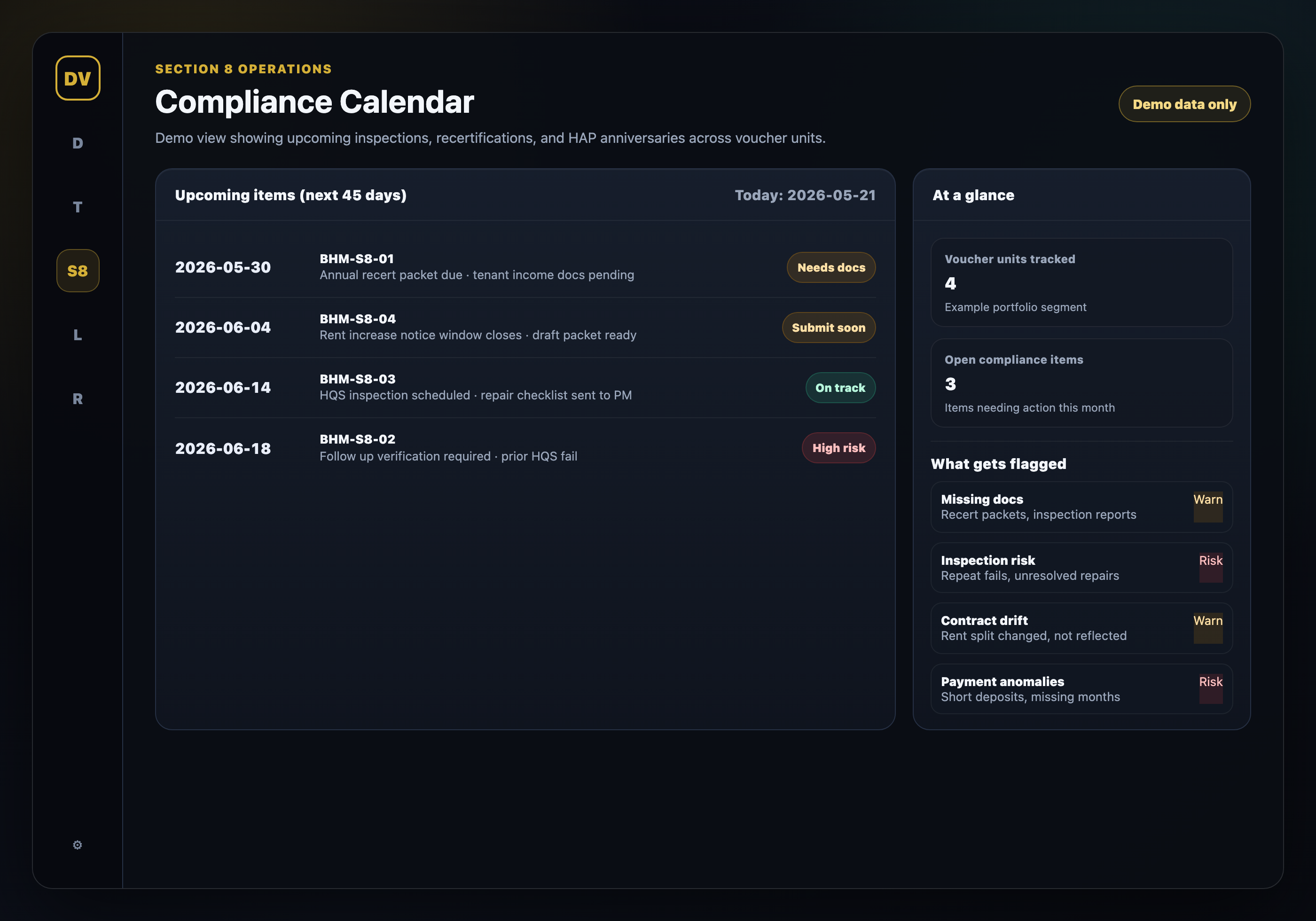 Example mockup: Section 8 compliance calendar and inspection reminders (demo data only)
