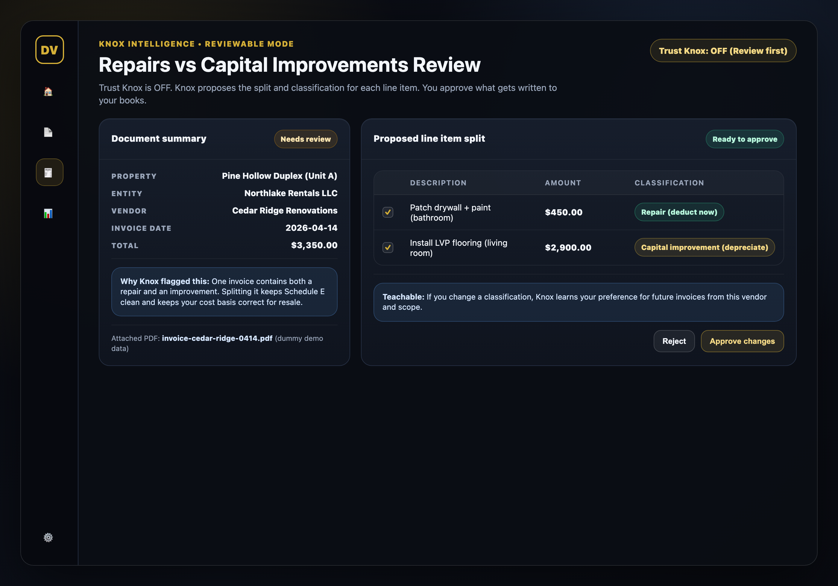 Demo mockup: Repairs vs capital improvements review screen
