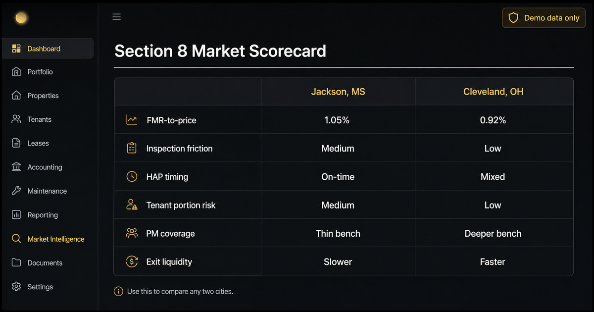 Section 8 market scorecard mockup (demo data only)