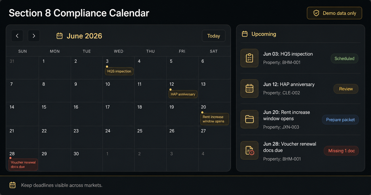 Section 8 compliance calendar mockup (demo data only)