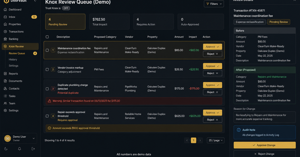 Knox maintenance review queue mockup (demo data only)