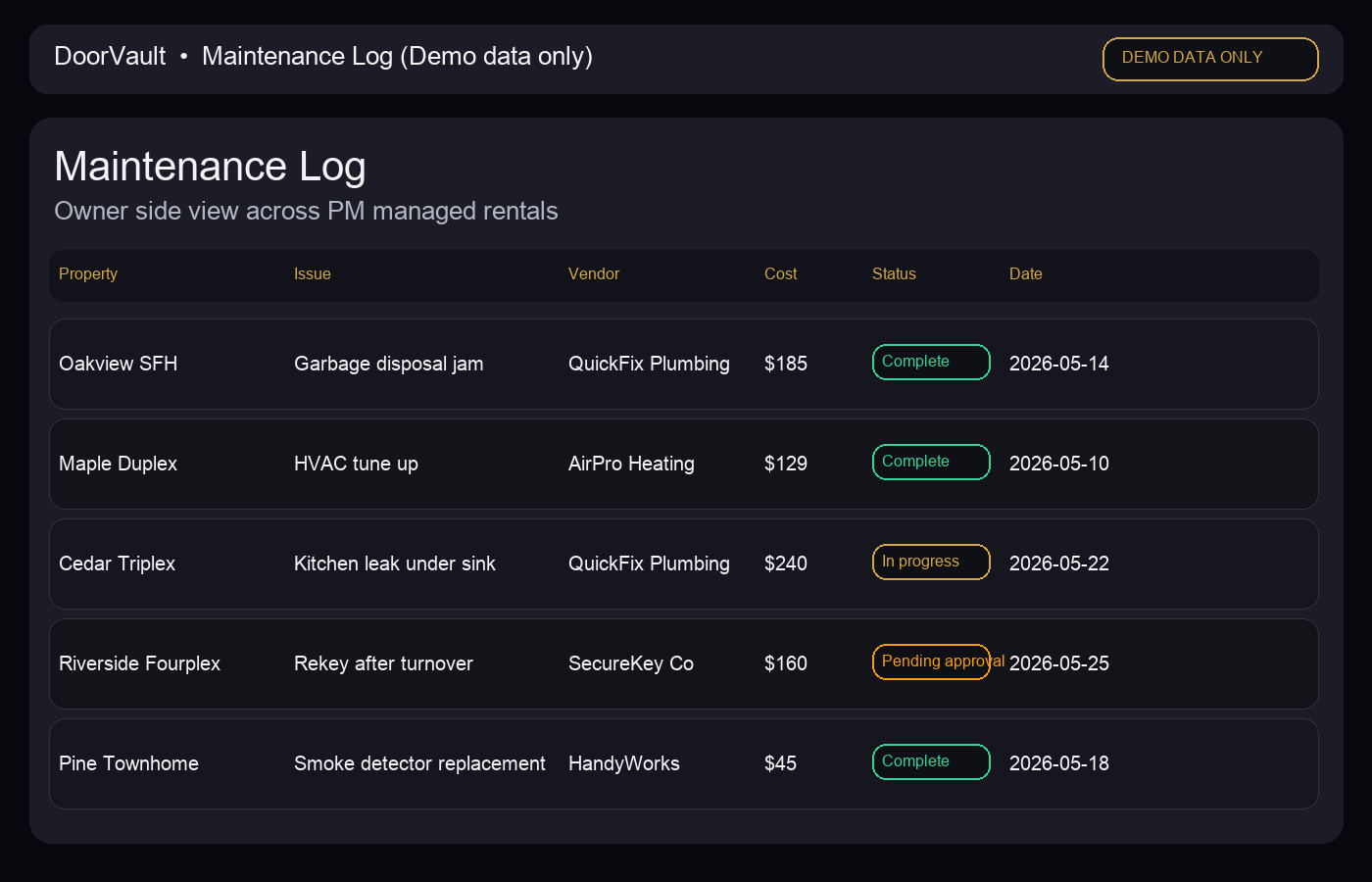 DoorVault maintenance log mockup (demo data only)