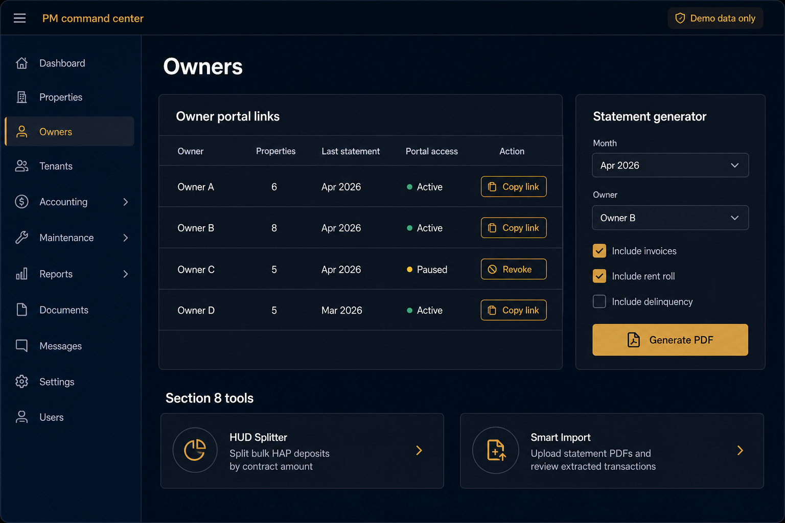 Demo mockup: PM command center owner portal links and statement generator (demo data only)