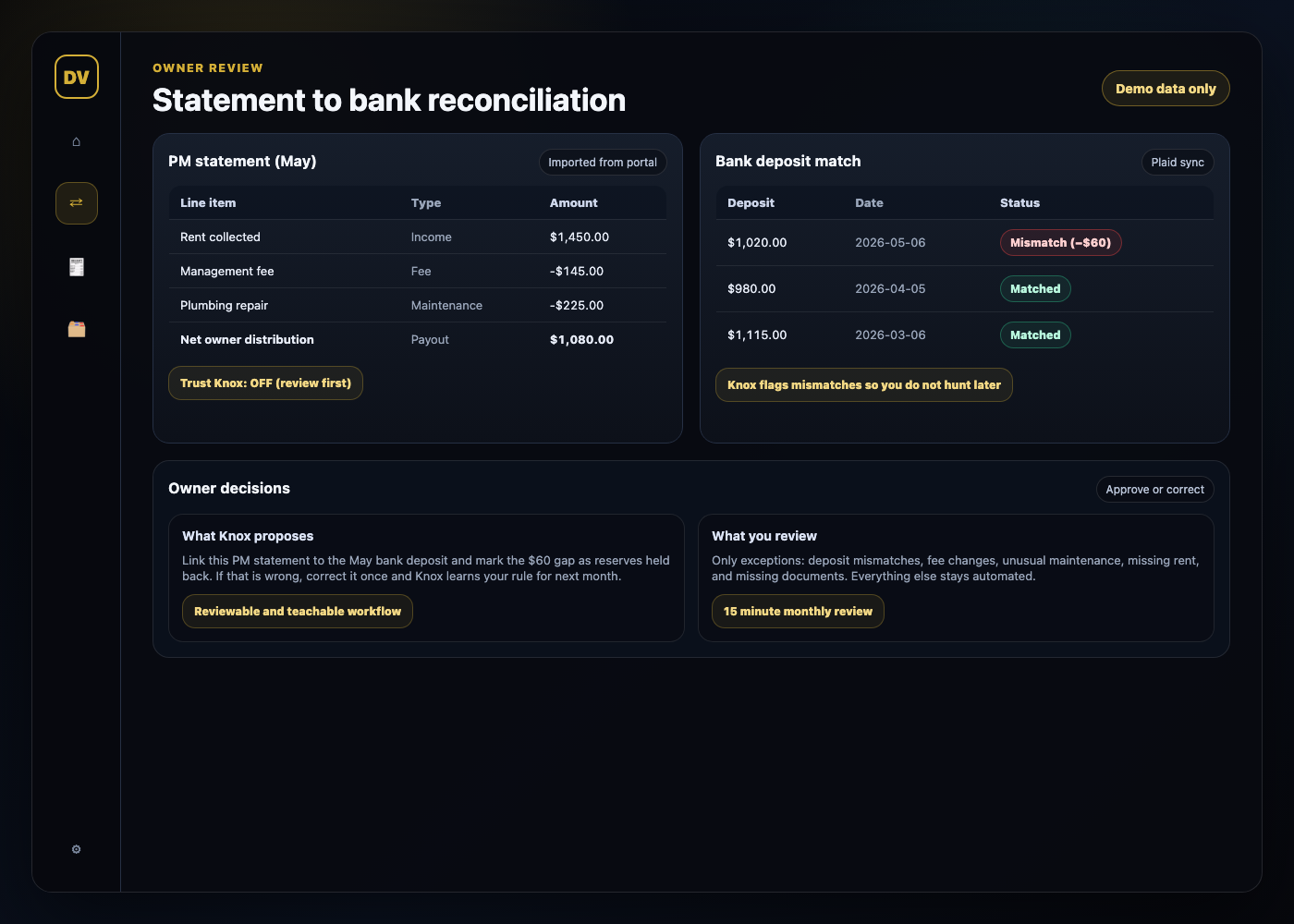 Statement to bank reconciliation view (mockup)