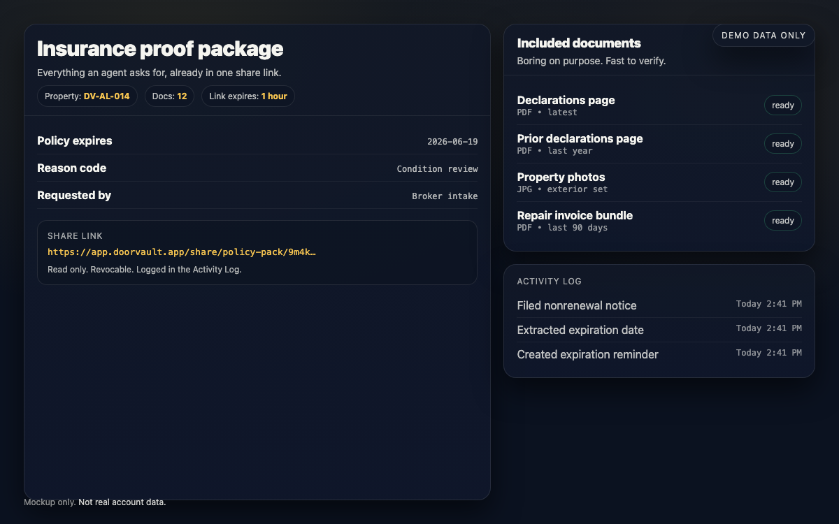Insurance proof package share link (mockup, demo data only)