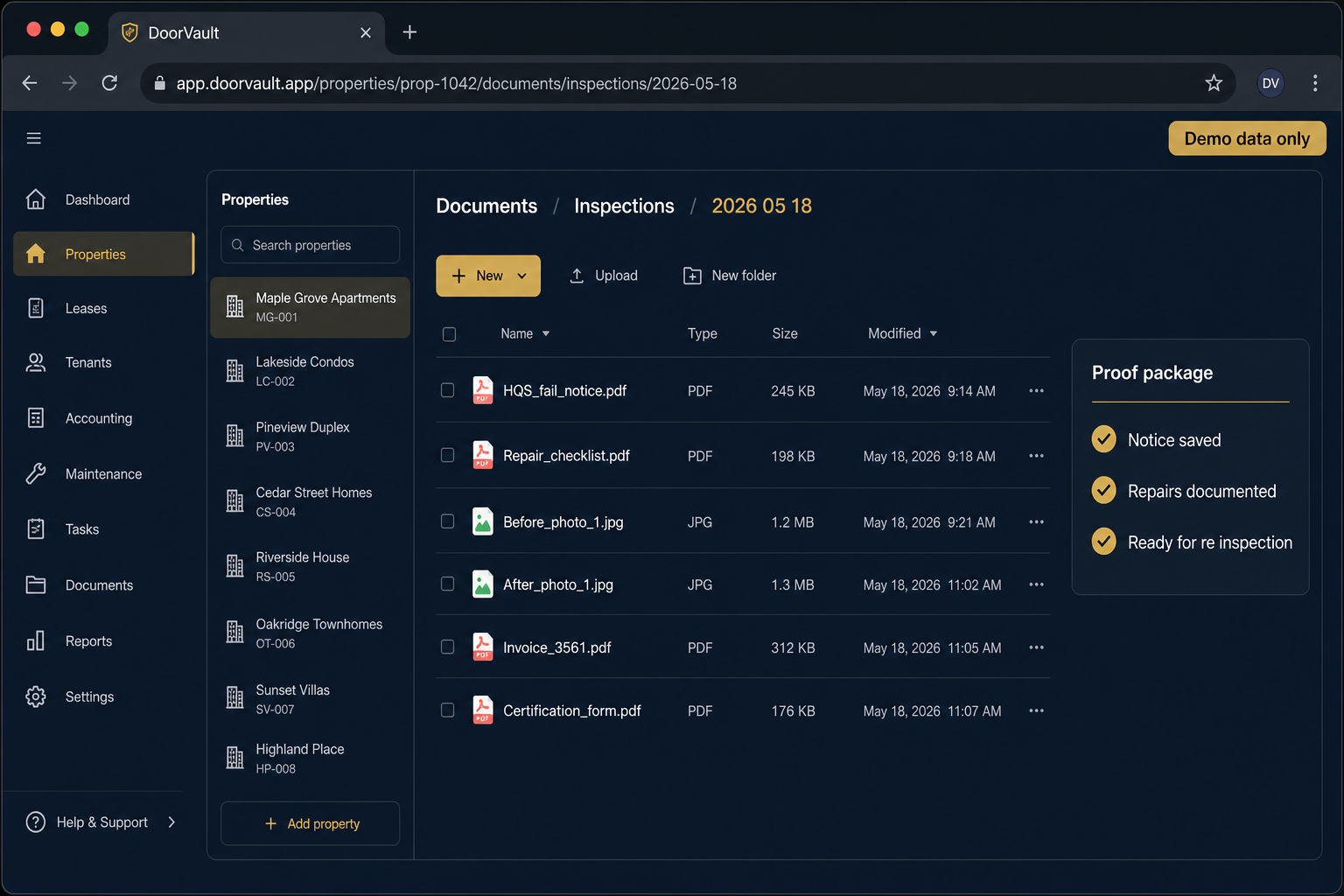 Demo document vault proof package screenshot
