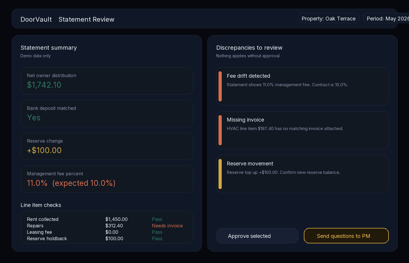 Statement review mockup (demo data only)
