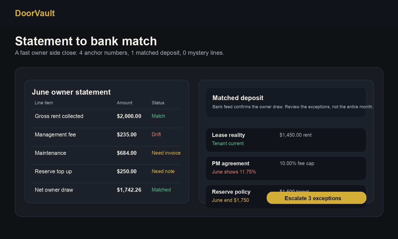 DoorVault bank reconciliation mockup with deterministic dummy data only
