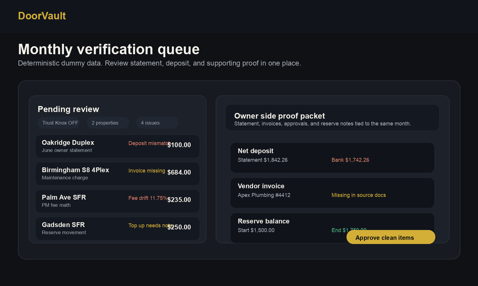 DoorVault review queue mockup with deterministic dummy data only