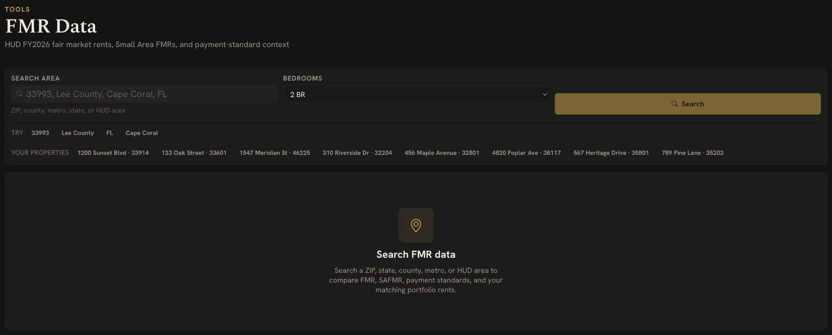 DoorVault FMR Data screen showing HUD FY2026 fair market rent lookup, Small Area FMRs, and payment standard context