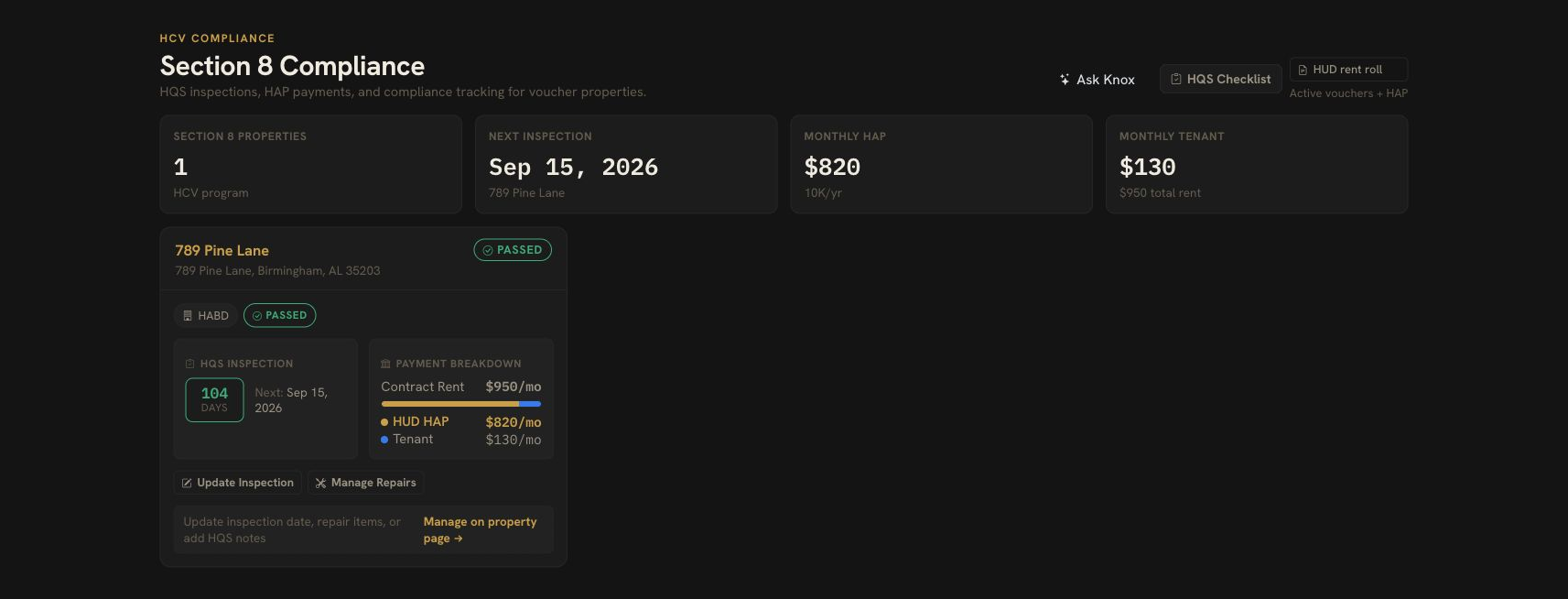 DoorVault Section 8 compliance dashboard showing HAP and inspection records