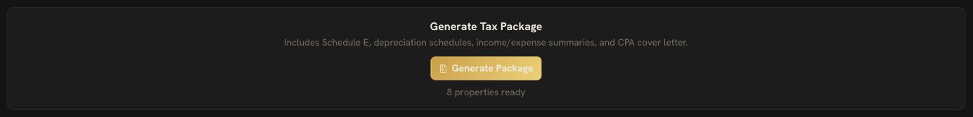 Tax package generation includes Schedule E, depreciation schedules, income, and expense data