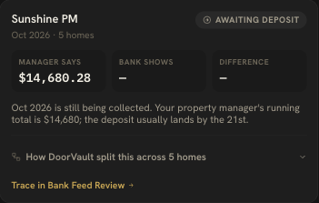 PM payout reconciliation showing five homes awaiting deposit